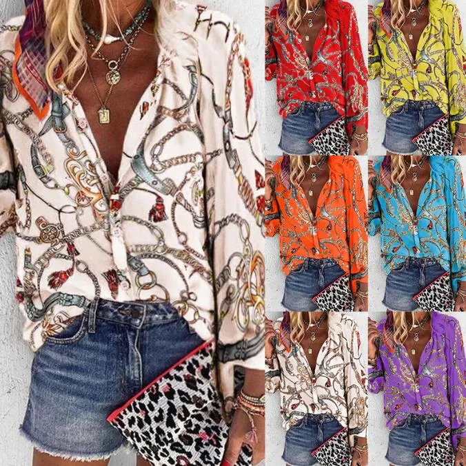 Mode Frauen Revers Hals Herbst Winter Gedruckt Bluse Floral Blusen Neue Herbst Mode Shirts Tops Langarm Hemd S-5XL