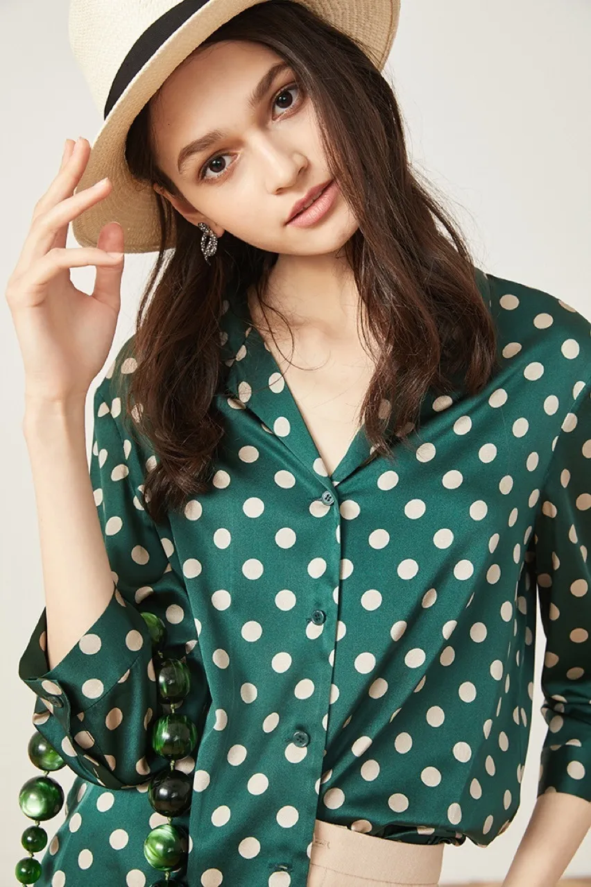 Femmes Blouses chemises dernières femmes soie vert contraste à pois imprimé coude manches Blouse petit haut 230729