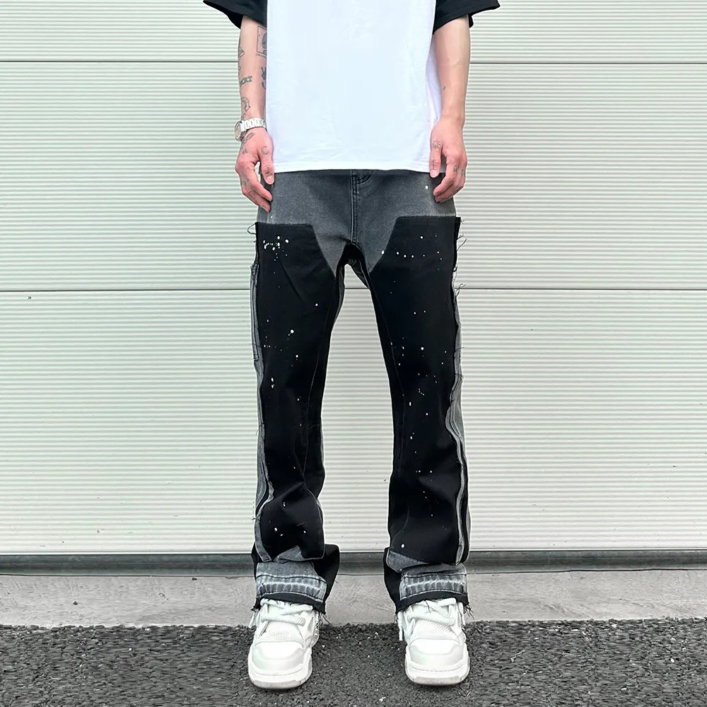 Herren-Jeans, Graffiti-schwarze, ausgestellte Denim-Hose mit Patches, Hip-Hop-Spritzer-Tinten-Jeans mit weitem Bein, schmale Passform, verwaschene Jeans für Männer 230729