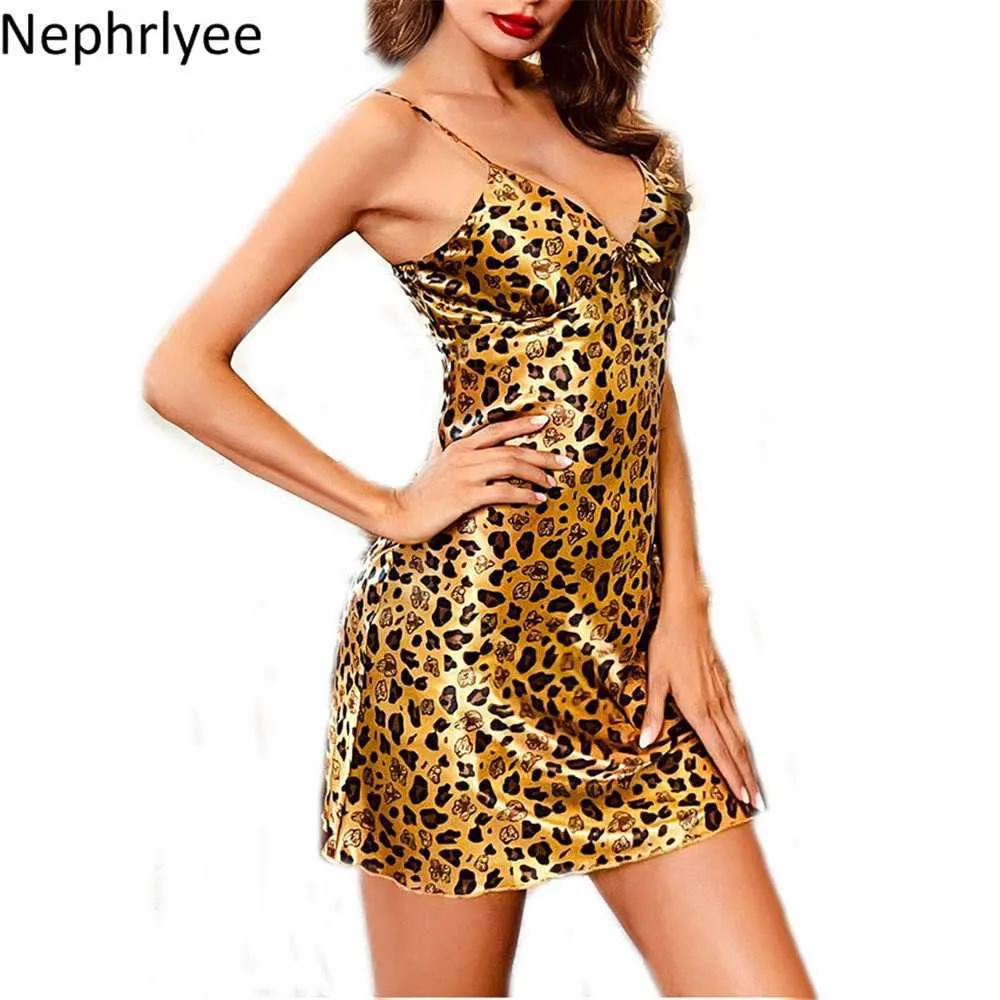 2021 Summer Leopard Satin Nightgown Lady Sexig Spaghetti Strap Night Dress Women Nighties Sleepwear Nightwear SLP001367 L230626