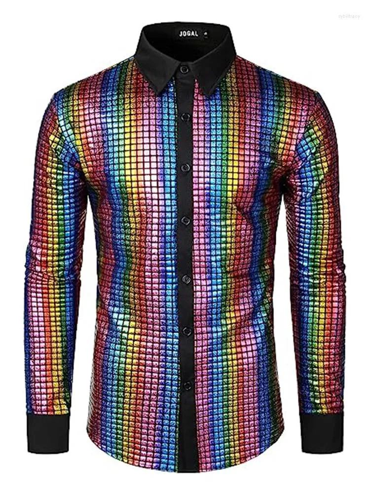 Heren Overhemden Heren jaren 70 Disco Party Kostuum Goud Zilver Pailletten Lange mouw Button Down