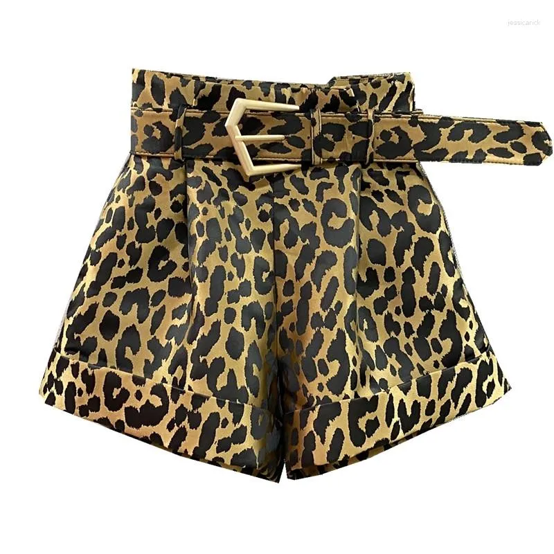 Calça feminina cintura alta short casual com estampa de leopardo feminino 2023 primavera selvagem cinto perna larga moda solta linha A feminina H2958
