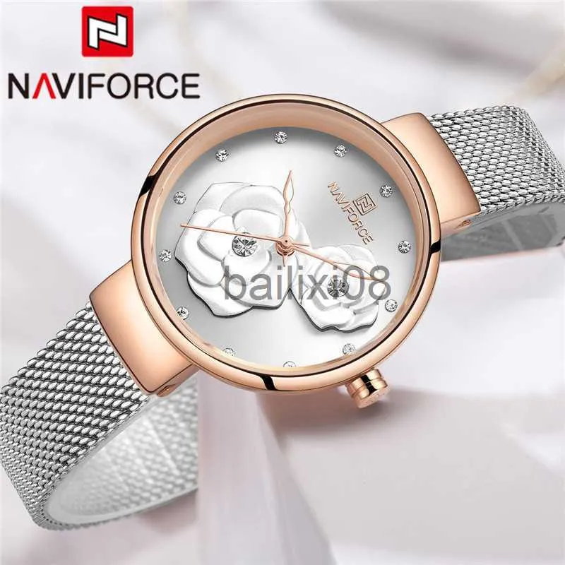 Inne zegarki NaviForce Watch Oglądaj najlepsze marka luksusowe srebrne różowe złoto damskie zegarek na rękę ze stali nierdzewnej Brerel kwiat żeńska 5013 J230728