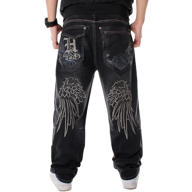 Jeans masculino Street Dance Pernas largas Jeans largos Moda masculina bordado preto solto Board Jeans masculino Rap Hip Hop Jeans plus size 30-46 230729