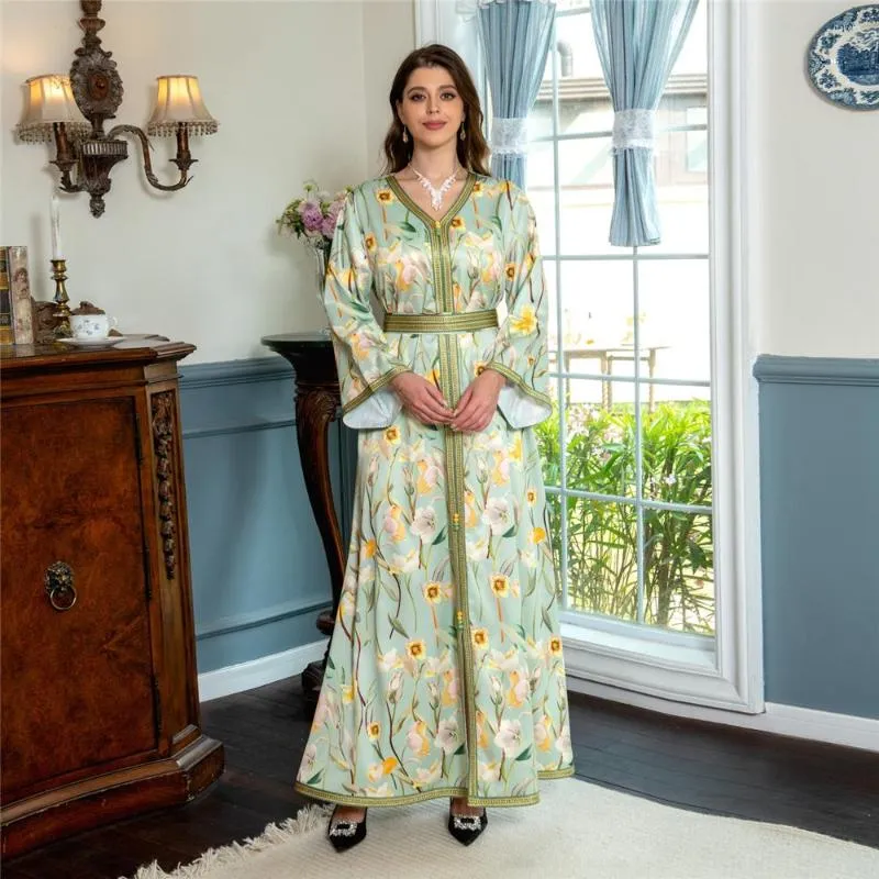 Этническая одежда 2023 г. цветочный принт abaya Женщина -мусульманская макси -платье Ид Рамадан Исламский халабия Арабский хала