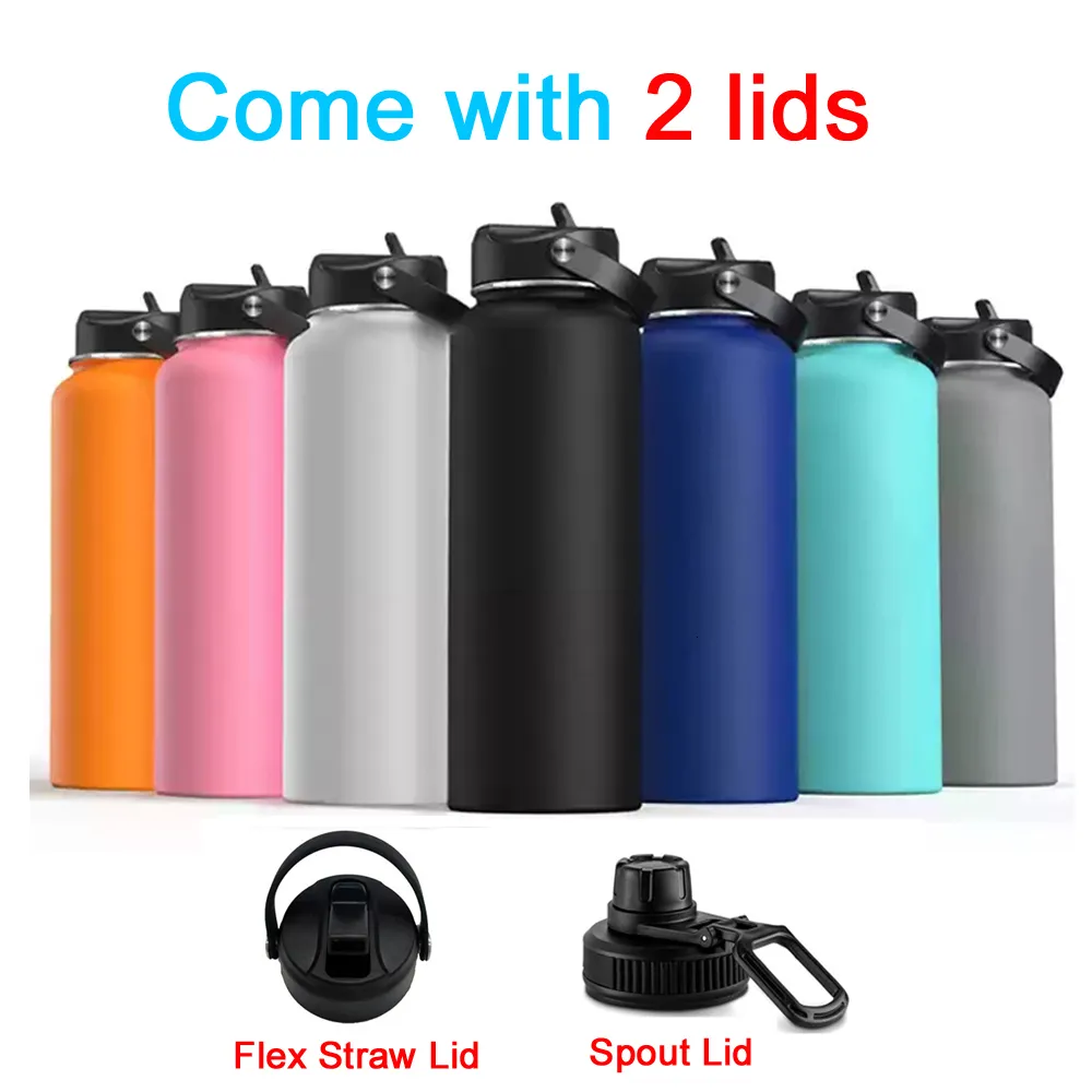 Tumblers Custom 18oz 32oz 40oz Large Capacity Vacuum Water Bottle With 2 Lids Stainless Steel Wide Mouth Hydroes Thermal Thermos Flask 230731