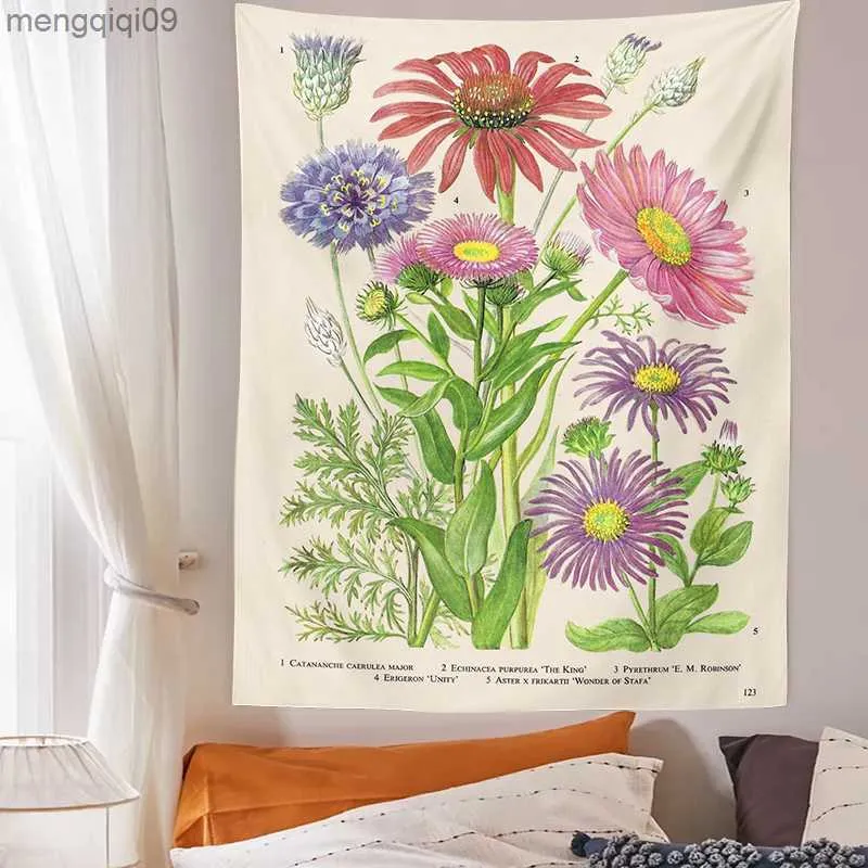 Mattor botanisk vildblomma tapestry vintage blommor tryck vägg hängande natur boho tapisserier vägg mattor psykedelisk hemrumsdekor R230731