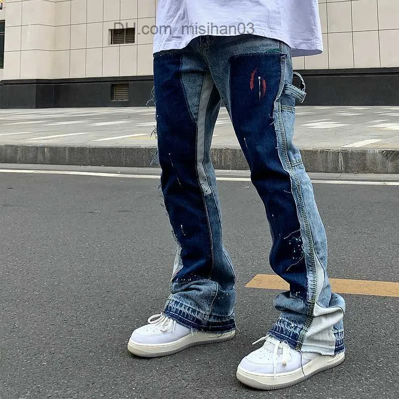 Pantalons pour hommes Retro Distressed Splash Ink Flare Jeans Vêtements de rue pour hommes Patch Work Hip Hop Graffiti Heavy Duty Wash Blue Slim Fit Jeans Men's Z230731