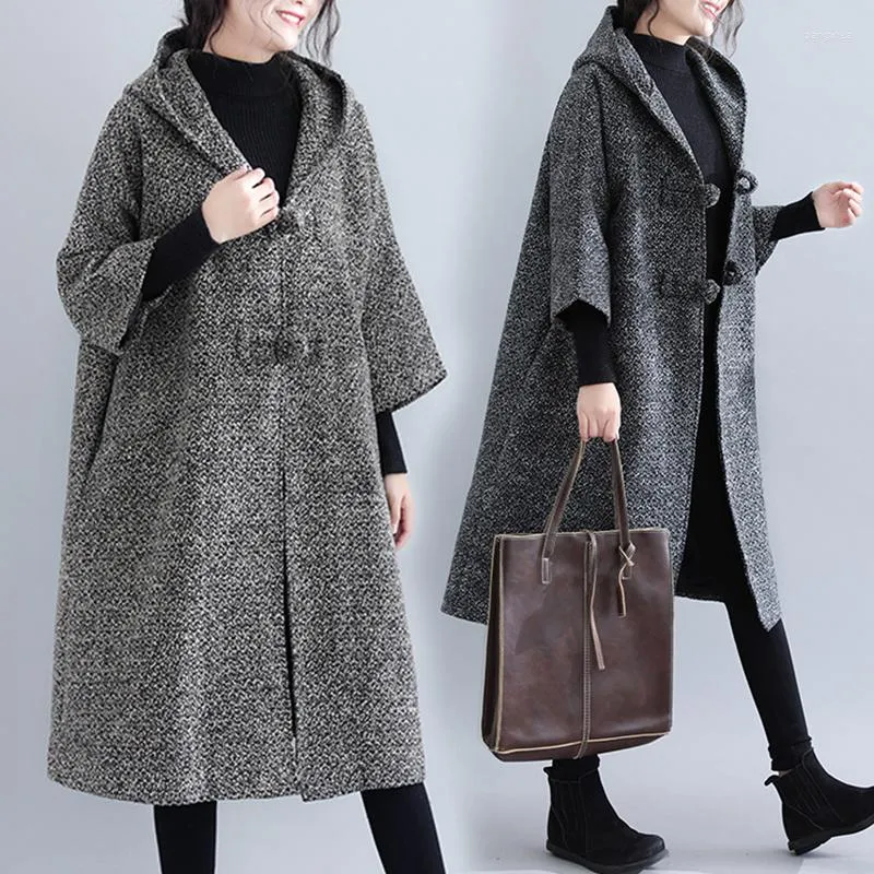 Trenchs pour femmes # 1521 Automne Casual Loose Hooded Long-coat Femmes Vintage China Style Coat Ladies Hoodies Pockets Knitting Outwear Femme