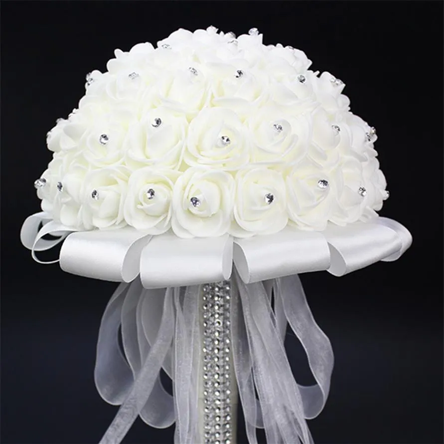 White Bride Holding Bouquet Artificial Rose White Ribbon Handle Bridesmaid Wedding Flowers 20 cm Diameter New301H