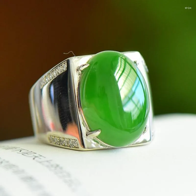 Anelli a grappolo Anello in argento sterling 925 con giada verde naturale per uomo Donna Fine Jewelry Nephrite Hetian Jades Square Oval regolabile