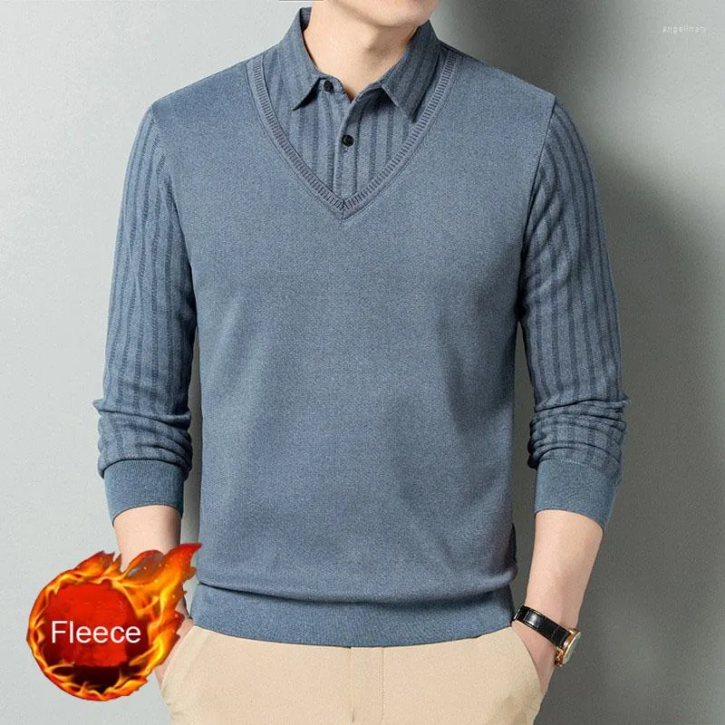 Men's Polos Arrival Fleece Polo Shirt For Men Winter Long Sleeve Warm Clothing Thick Casual Solid Striped Korean Tops