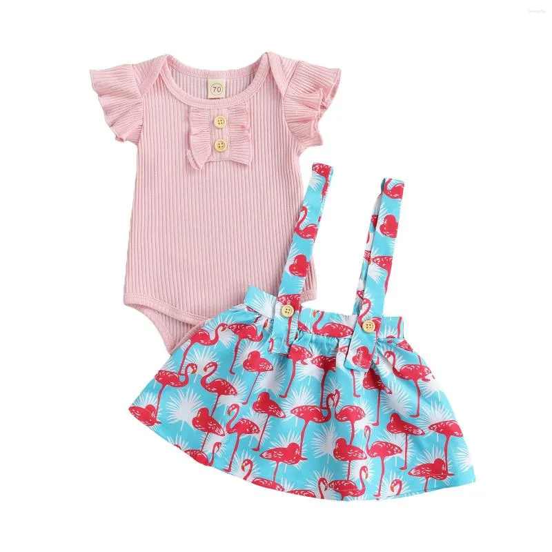 Completi di abbigliamento 2 pezzi Completi estivi per bambini Tinta unita Maniche corte Pagliaccetto Flamingo Stampa Bretelle Abito per neonate 0-24 mesi