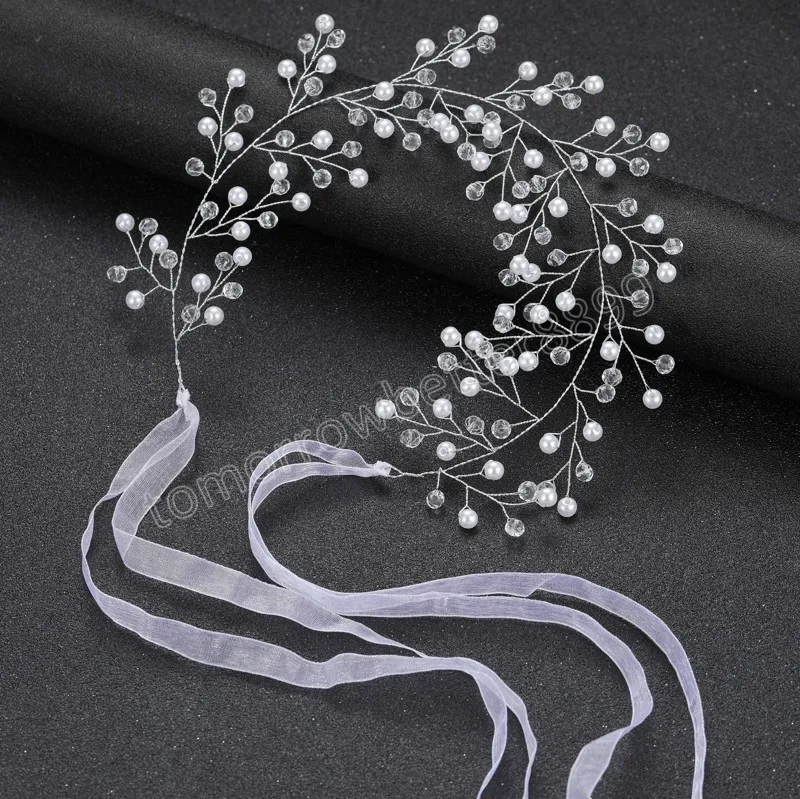 Luxury Pearl Crystal Headbands Headdress for Bridal Ribbon Head Band Headwear Wedding Engagement Party Jewelry Hair Accessories