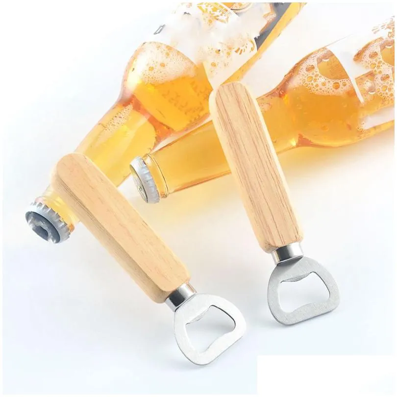 Ouvre-bouteille de bière en acier inoxydable avec poignée en bois Cadeaux pour les invités Cuisine Bar Outils Drop Delivery Home Garden Dining Dhll1