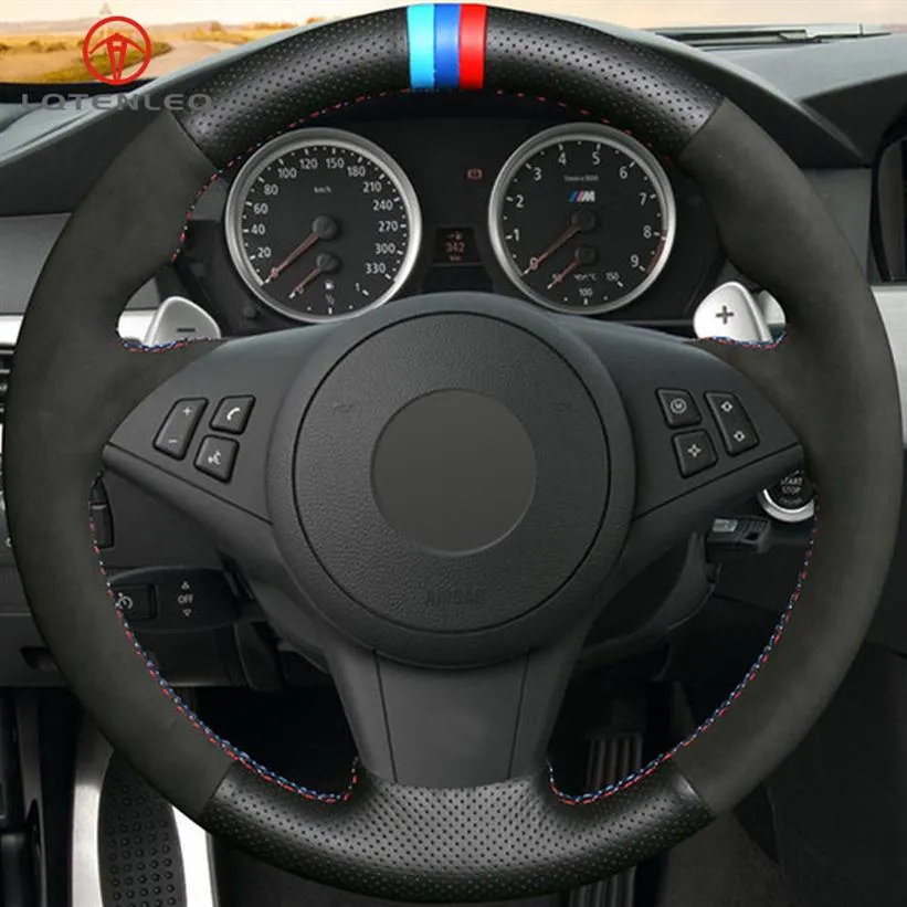 Capa de volante de carro de camurça preta DIY para BMW E60 E61 Touring 530d 545i 550i E63 Coupe E64 630i 645Ci 650i248A