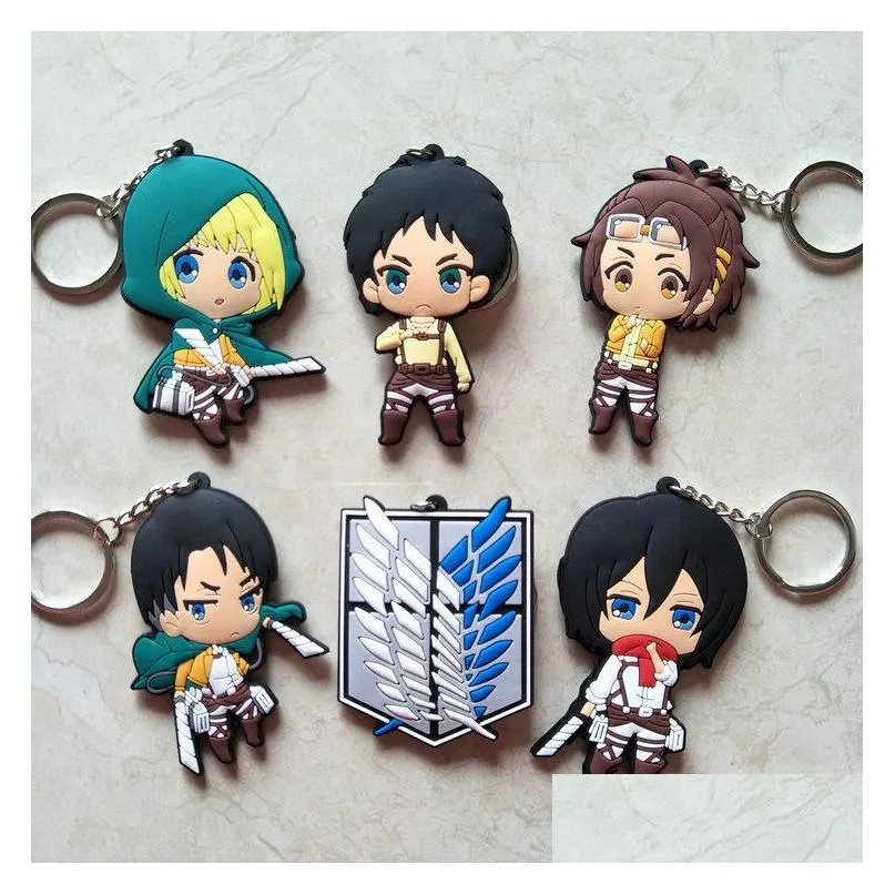 Keychains Lanyards 20Pcs Figure Attack On Titan Key Chain 3D Double Side Pvc Keyring Wings Of Liberty Keychain For Bags Kids Keys Ho Otwqd