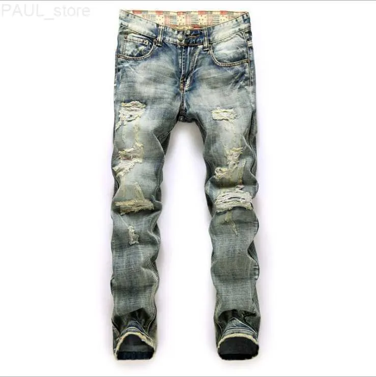 Men's Jeans Hole Nostalgic Trade More Fabric Frayed Red Flag Denim Trousers Mens Cool Jean Male Long Pants L230731