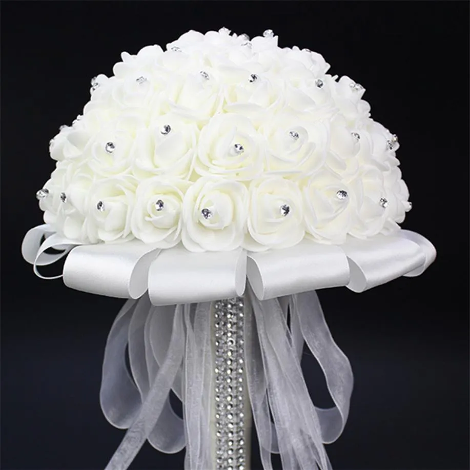 Mariée blanche tenant Bouquet Rose artificielle poignée de ruban blanc fleurs de mariage de demoiselle d'honneur 20 cm de diamètre New263I