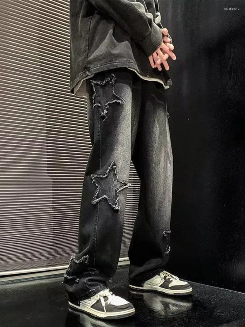 Män jeans herrar hip hop byxor mode harajuku baggy cool last denim lapp stjärna rak ins gotisk pojkvän