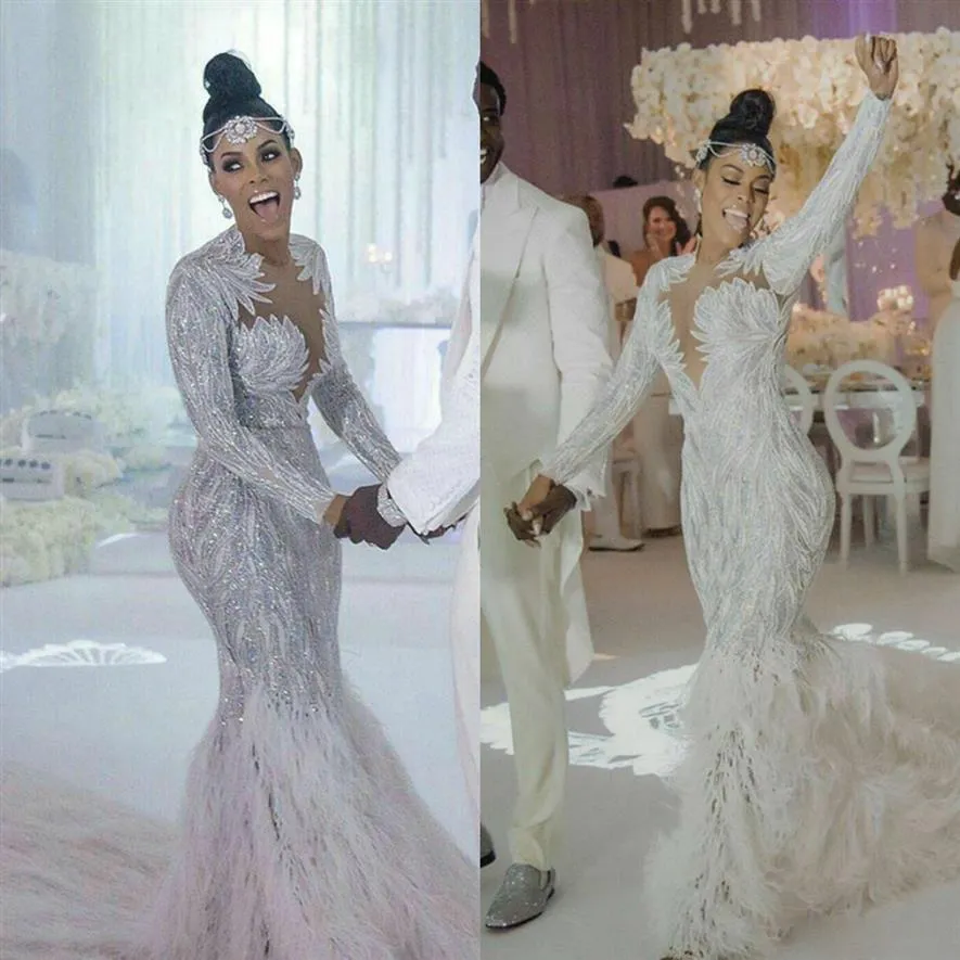 2020 Luxe Arabe Sirène Robes De Mariée Jewek Cou Perles Paillettes Trompette Robe De Mariée À Manches Longues Plume Robes De Novia 275Y