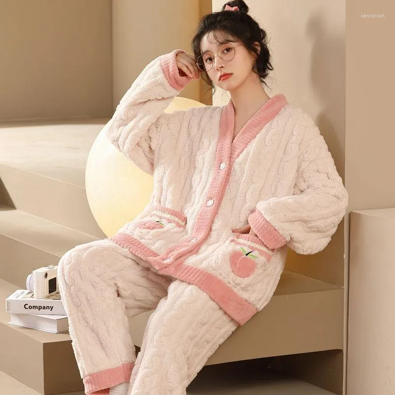 Vrouwen Nachtkleding Perzik Print Vrouwen Pyjama Set Winter Fleece Fluwelen 2 Stuk Broek Thuis Pak Slaap Pluizige Koreaanse Piiama warme Nacht Kleding