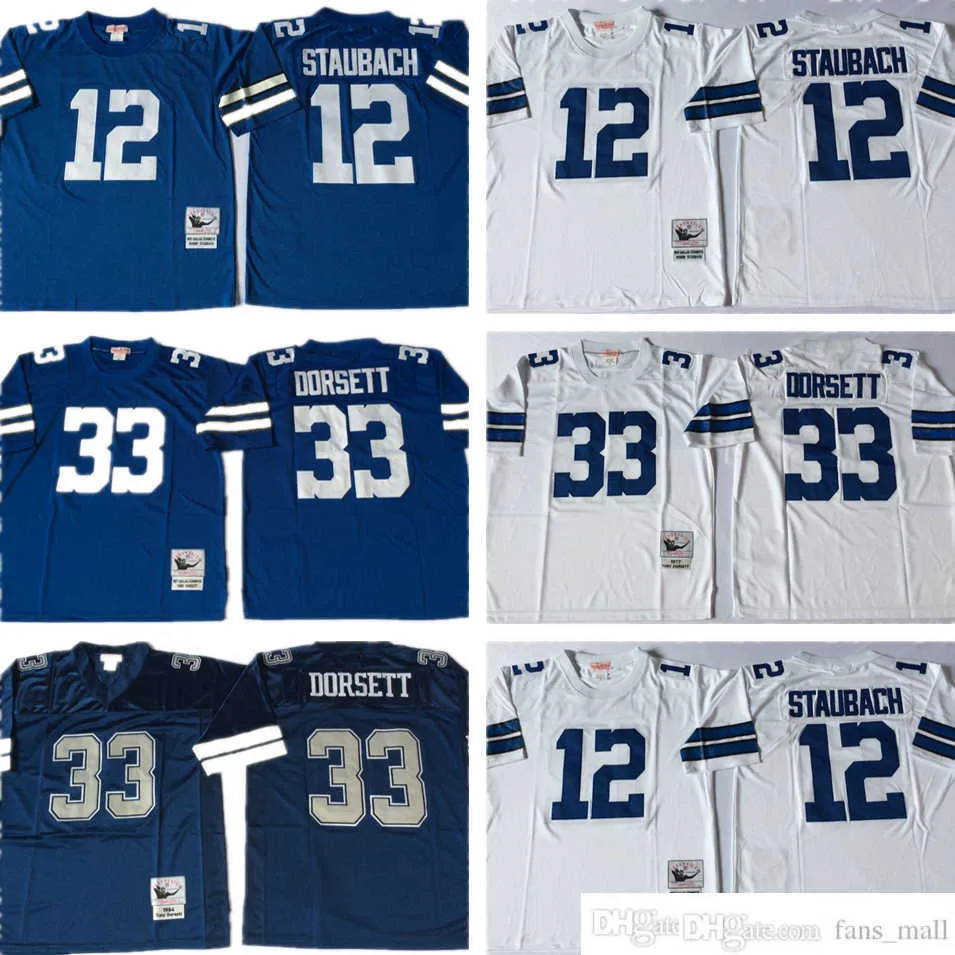 NCAA Vintage Mitchell et Ness Football 12 Roger Staubach Maillots Rétro 33 Tony Dorsett Jersey College Bleu Blanc