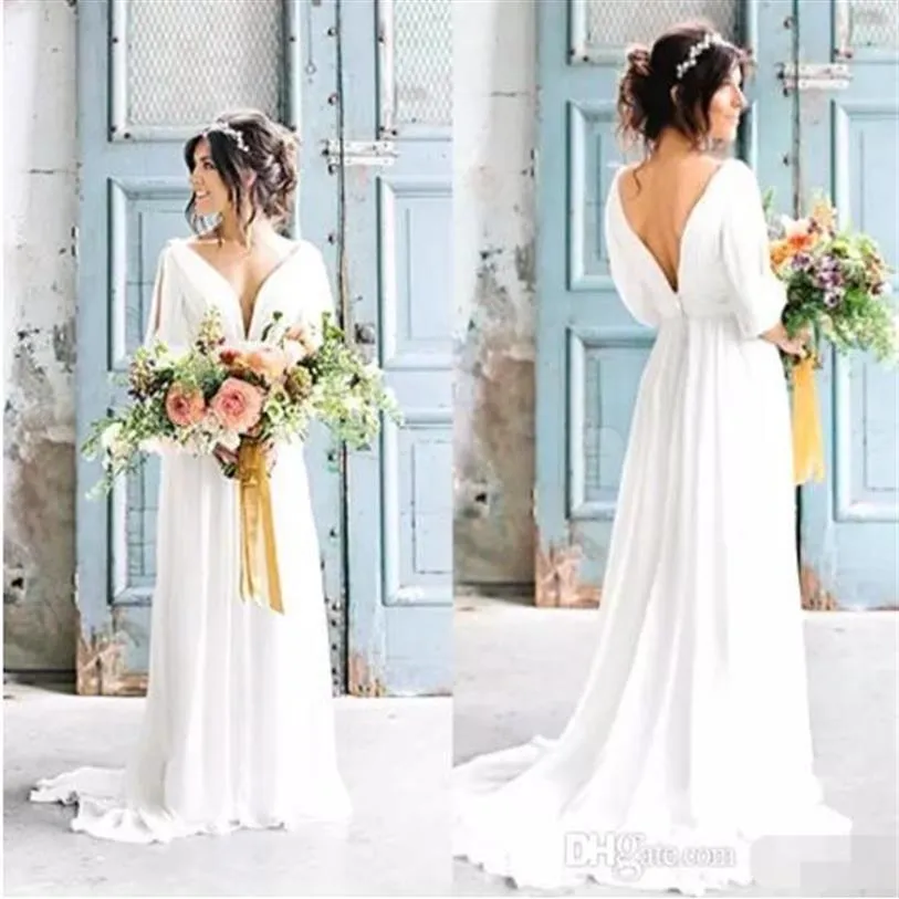 Abiti da sposa greci senza schienale sexy con scollo a V 2017 Robe de Mariage Abito da sposa da spiaggia bohémien con maniche Abito da sposa country295U