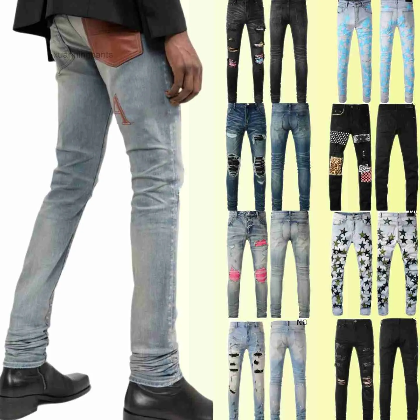 Jeans Rasgado Miri Jeans Masculino Joelho Skinny Reto Trendy Long Hole High Street Denim MQVT