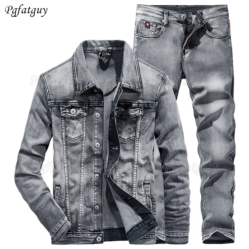 Mens Tracksuits Simple Smoky Grey 2 Piece Sets Slimfit Long Sleeve Denim Jacket and Jeans Spring Autumn Bussiness Casual Suit 230731