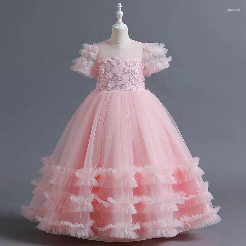 Mädchen Kleider 5-14 Jahre Blume Perlen Lange Tüll Prinzessin Mädchen Party Kleid Elegante Tutu Kind Hochzeit Kleidung Vestido infantil