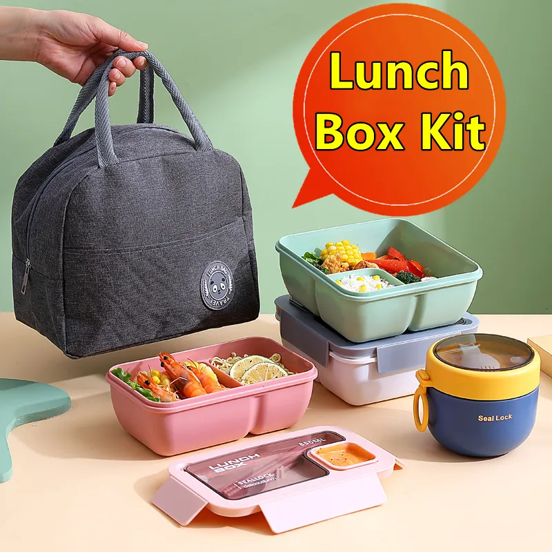 Pudełka na lunch przenośne torby pudełkowe Dzieci szkolne biuro bento z zastrzem częścią torby termicznej kompletne zestaw do mikrofalowania ogrzewania 230731