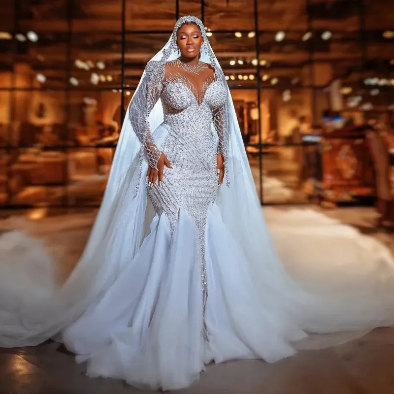 Arabic Ivory Beaded sparkly mermaid wedding dress with Sheer Neckline and Lone Sleeves - Ebi Bridal Gown (ZJ es)