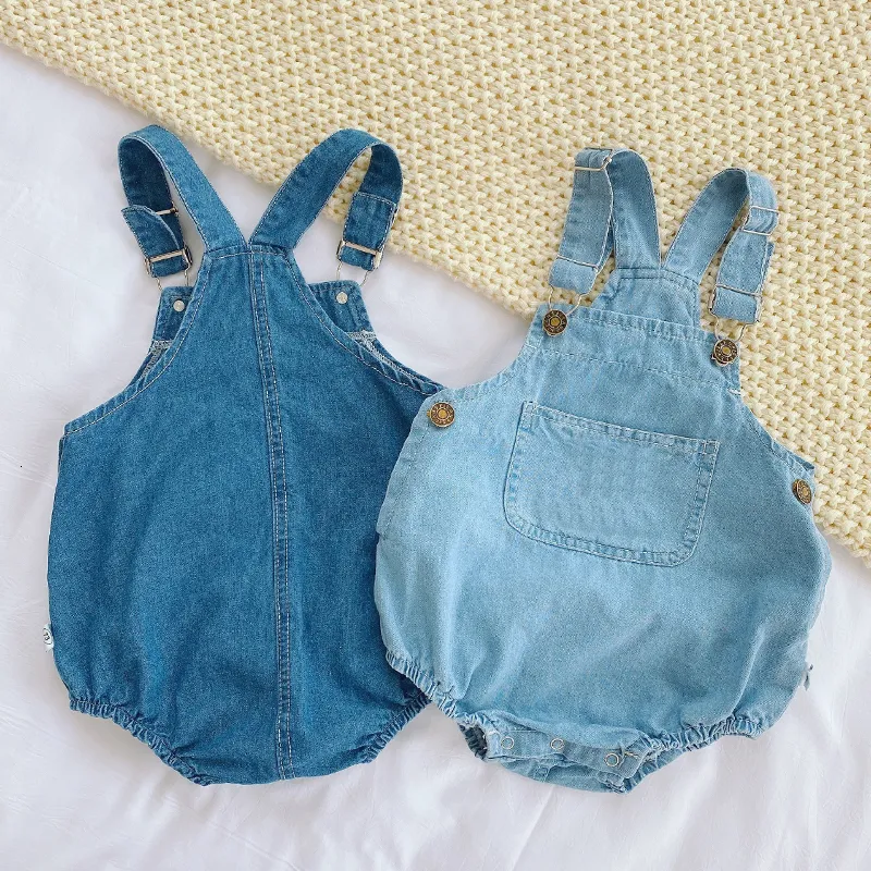 Rompers Baby Boy Girl Denim Overalls Suspenders Jumpsuit Pants Korean Style Solid Blue Cowboy Breastplate Combo Jean Bib Infant Outfits 230731