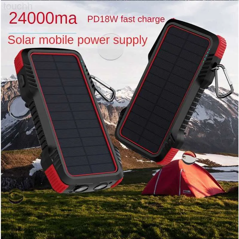 Bancos de energia para celular 24000mAh Banco de energia solar Carregamento rápido Powerbank Bateria externa à prova d'água Poverbank Lanterna para iPhone Xiaomi Huawei L230731