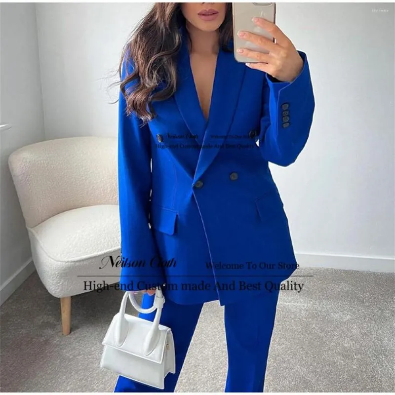 Calças femininas de duas peças fashion azuis soltas ajuste ternos 2 peças jaqueta cintura alta conjuntos de pernas largas blazers para roupas de trabalho femininas de escritório
