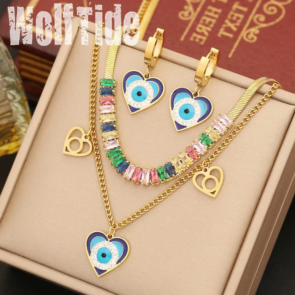 2023 New Colorful Square Cubic Zirconia Love Heart Charms Necklace Bracelet Earrings Set Shiny Stainless Steel Double Layered Chains Jewelry Set For Women Gifts