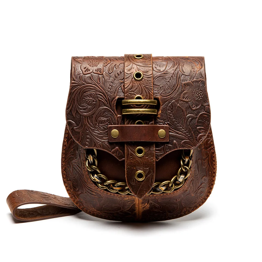 Kvällspåsar Steampunk European och American Women's Retro Style äkta läderkedja präglad skal messenger axelväska 230731