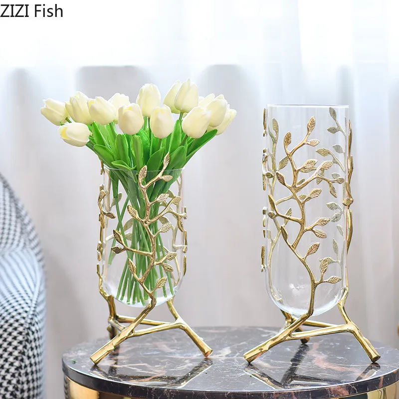 Vaser Creative Metal Glass Golden Leaves Vine Copper Vase Hydroponics Flower Arrangement Dyra Modern Home Decoration Wedding 230731