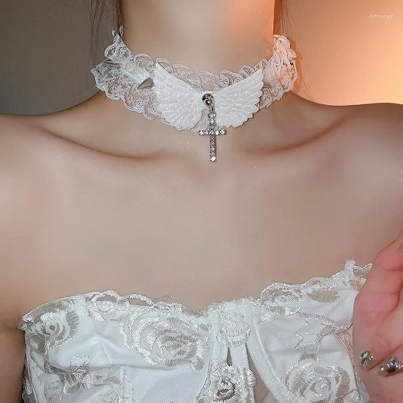 Choker Korean Fashion White Lace Wing Design With Corss Necklace Women Summer Jewelry Collares