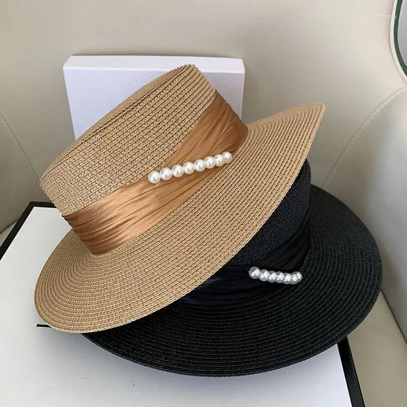 Wide Brim Hats Flat Bowler Hat For Women Elegant British Artist Straw Ribbon Bead Pearl Visor Sun Girls Sunscreen Caps