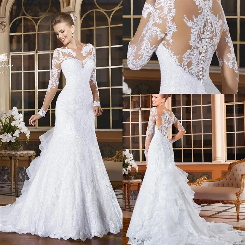 2022 Vintage långa ärmar sjöjungfru bröllopsklänningar applicerade spetssknappen tiered ruffles tillbaka brudklänningar vestidos de novia robe de 2946