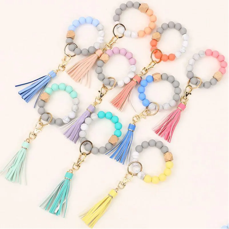 Keychains Lanyards för kvinnor Sile Bead Car Key Chain Ring Armband Wristlet Gift Valentine Day Keychain Beaded Keys Keyring House Ho Otftq