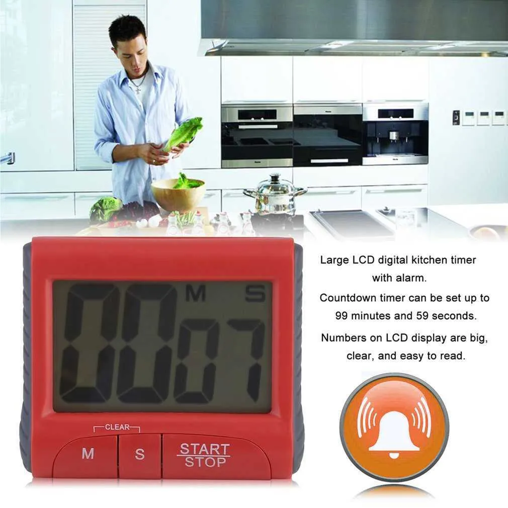 1pc Large Digital Timer With Magnetic Back, Big Lcd Display, Ring