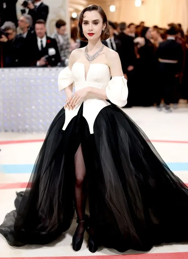 Preto Branco Tapete Vermelho Fashioin Vestidos de Baile de Gala 2023 Sweetheart Tutu Saia Fenda Alta Lily Collins Vestido para Ocasião Noturna