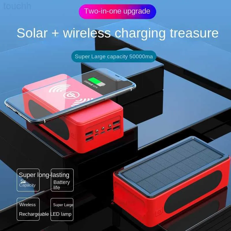 Mobiltelefon Power Banks Solar Charger 50000MAH trådlös Portable Charger Power Bank 4 utgångar 3 ingångar Fast Charging Battery Pack för iOS och Android L230731