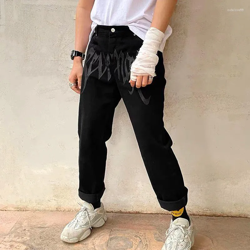 Men's Jeans Y2K Men Pants Fashion Streetwear Black Embroidery Low Rise Baggy Straight Denim Trousers Hight Street Hip Hop Male Bottoms