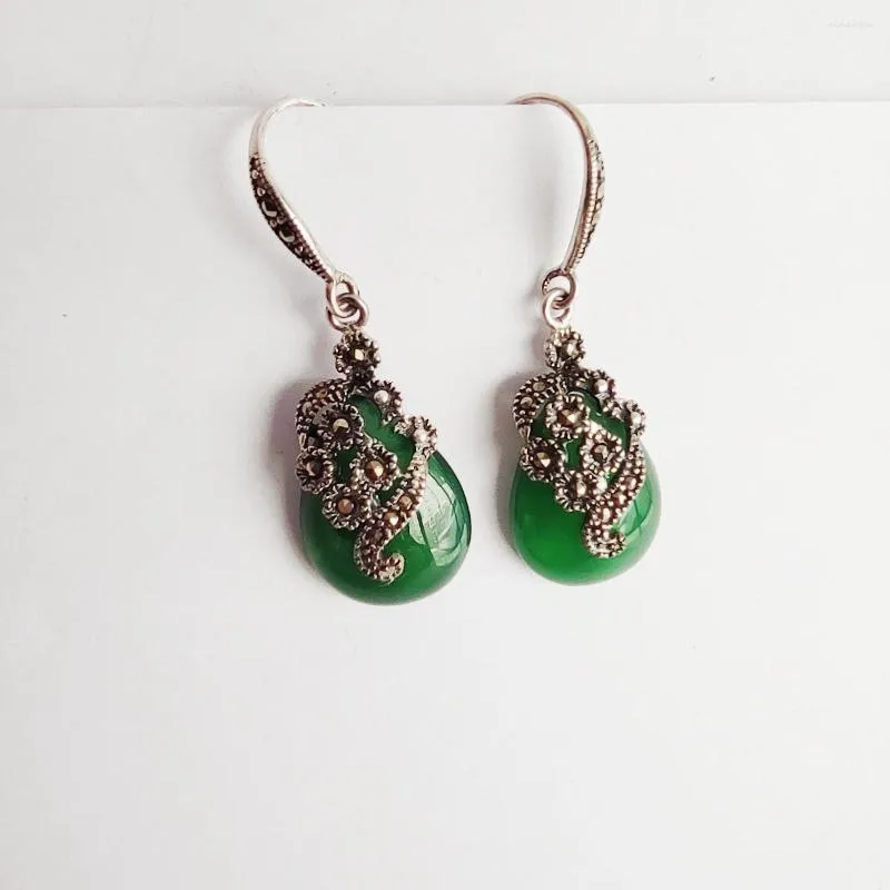 Dangle Küpeler Butik Takı 925 STERLING Gümüş Gem Doğal Yeşil Chalcedony Yaşlı Kadınlar Vintage Mozaik Partisi Düğün Kız