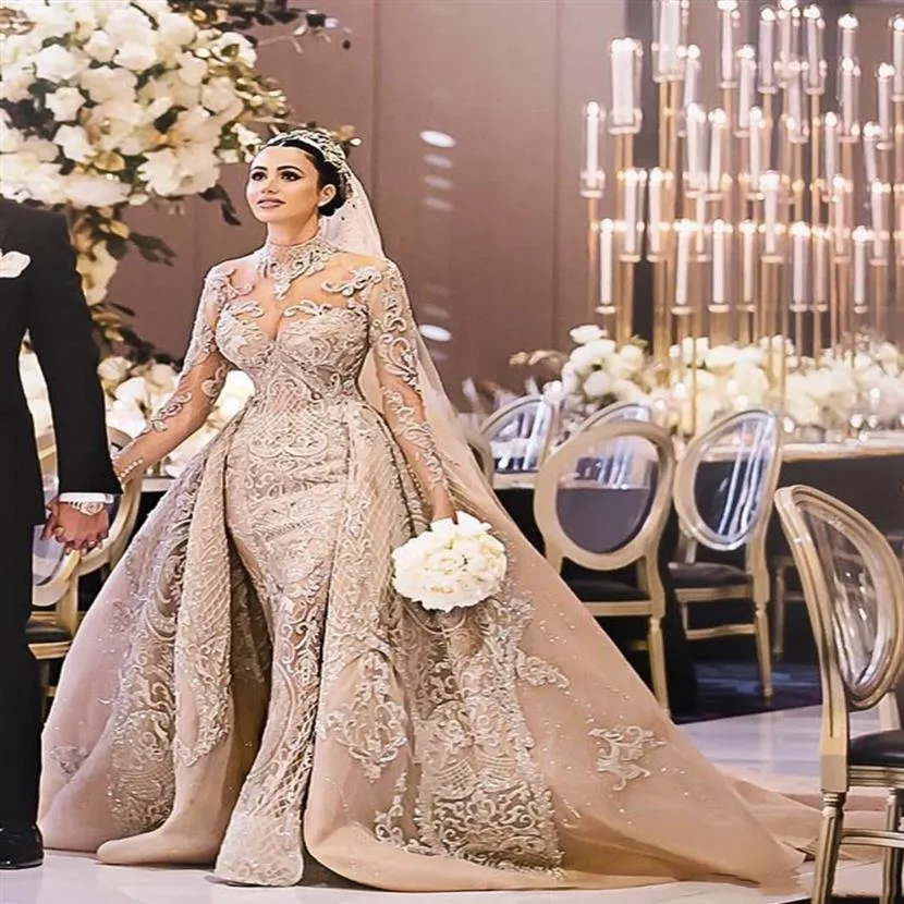 Abiti da sposa a sirena di champagne arabo di lusso con maniche lunghe in pizzo 3D con collo alto staccabile da sposa229j