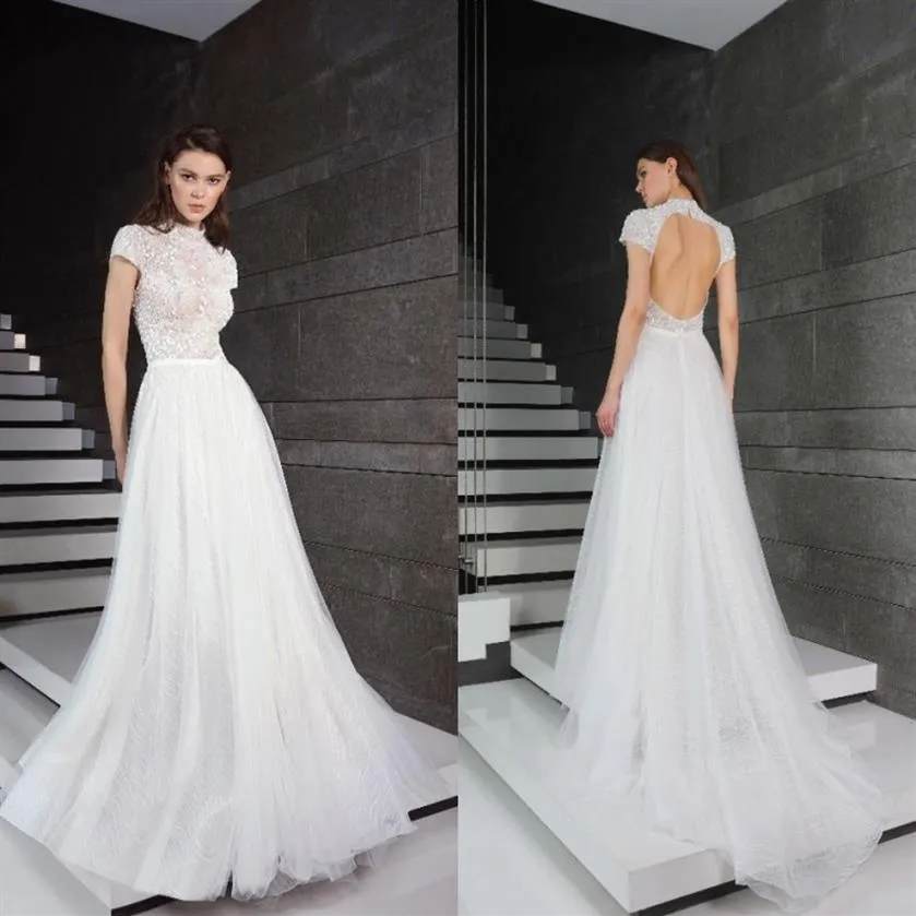 Tony ward 2019 vestidos de noiva gola alta manga curta renda vestidos de noiva sexy sem costas vestido de noiva linha a vestidos de noiva240d